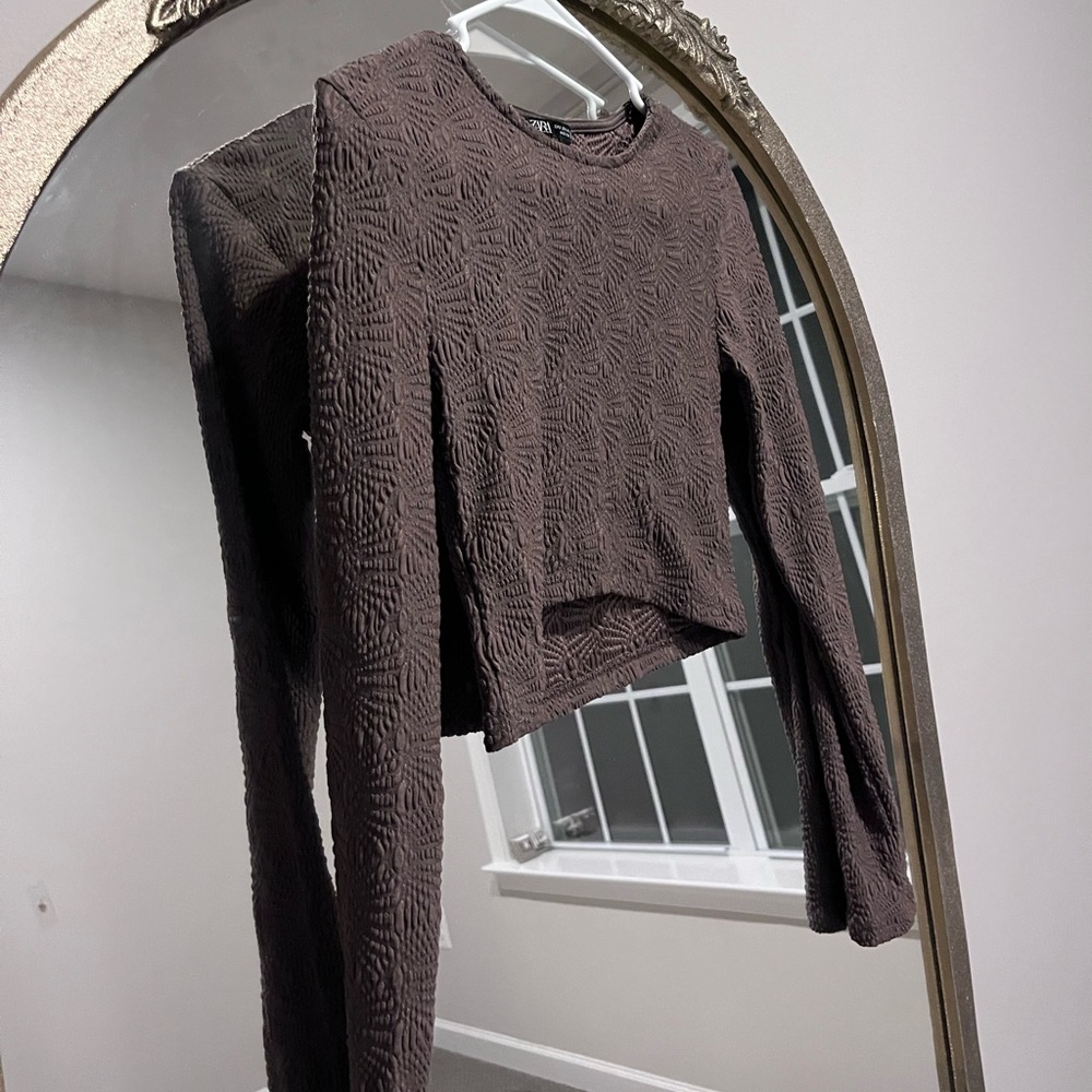 Zara embroidered/patterned, brown, long-sleeved small shirt